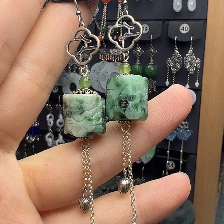 山***）翡翠银S925镶嵌耳饰