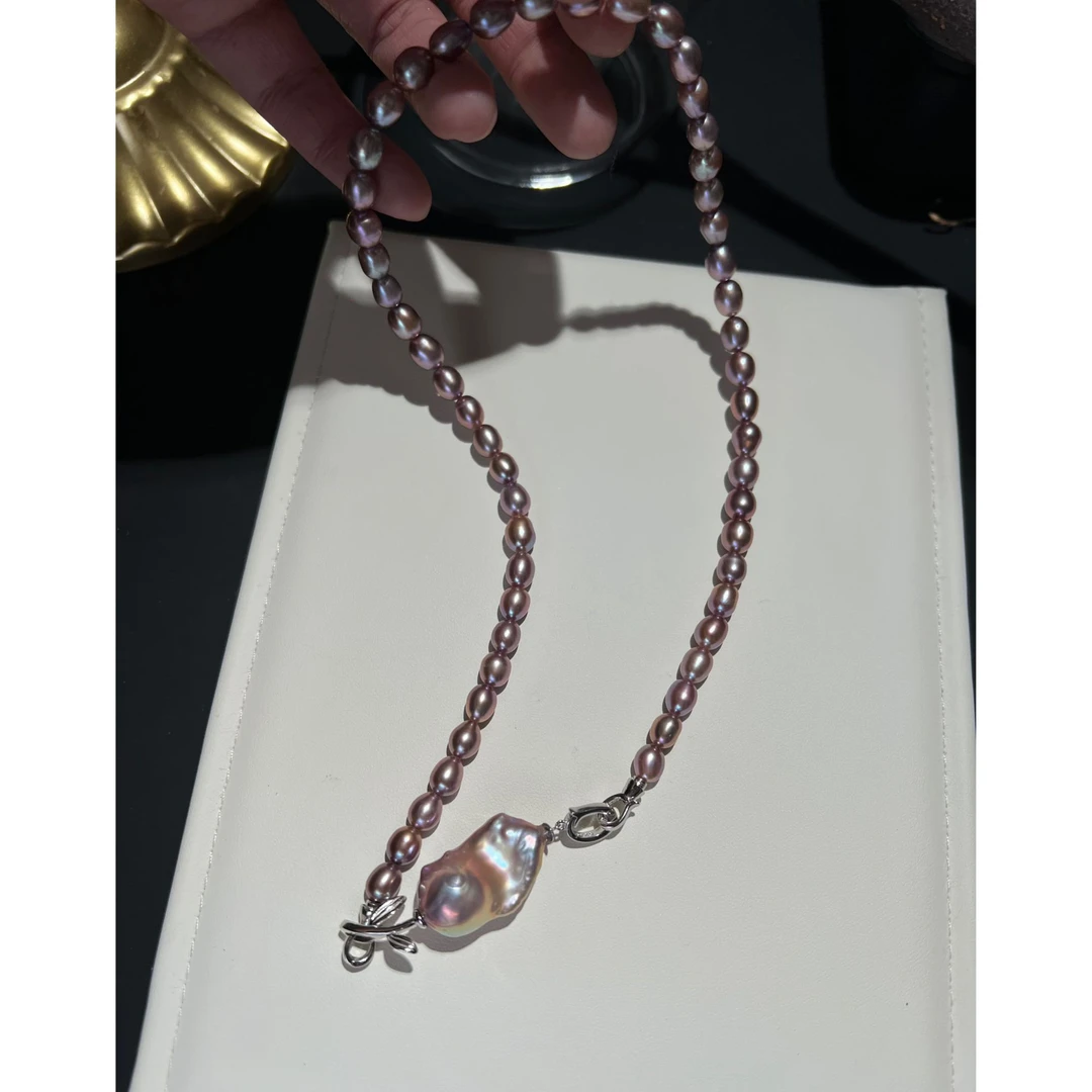 JUNMU天然色紫玫瑰花珍珠项链多种戴法锁骨链颈链多样性发货发一