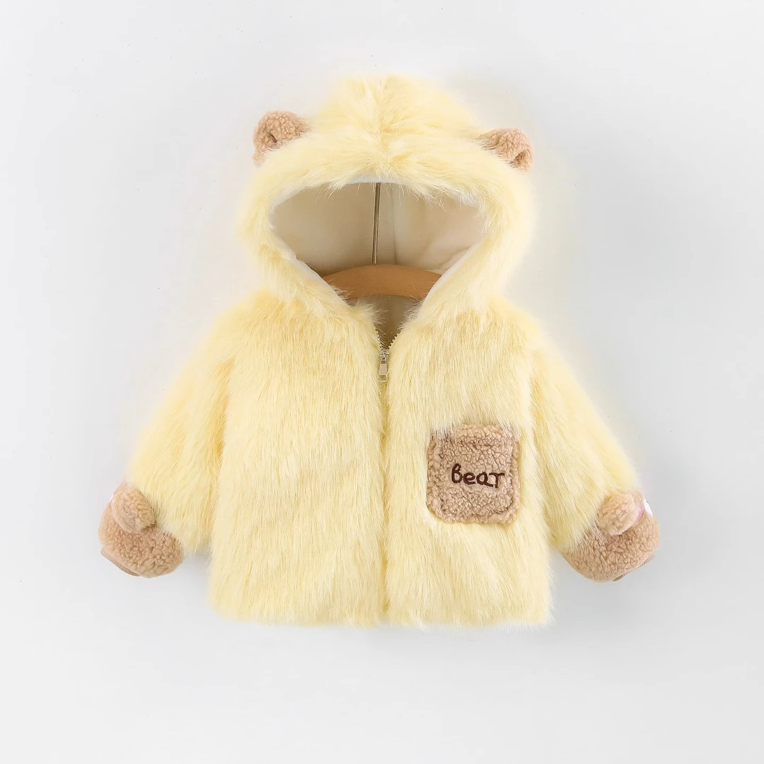 25冬季新款女童仿皮草外套口袋字母长毛儿童洋气加厚保暖连帽上衣