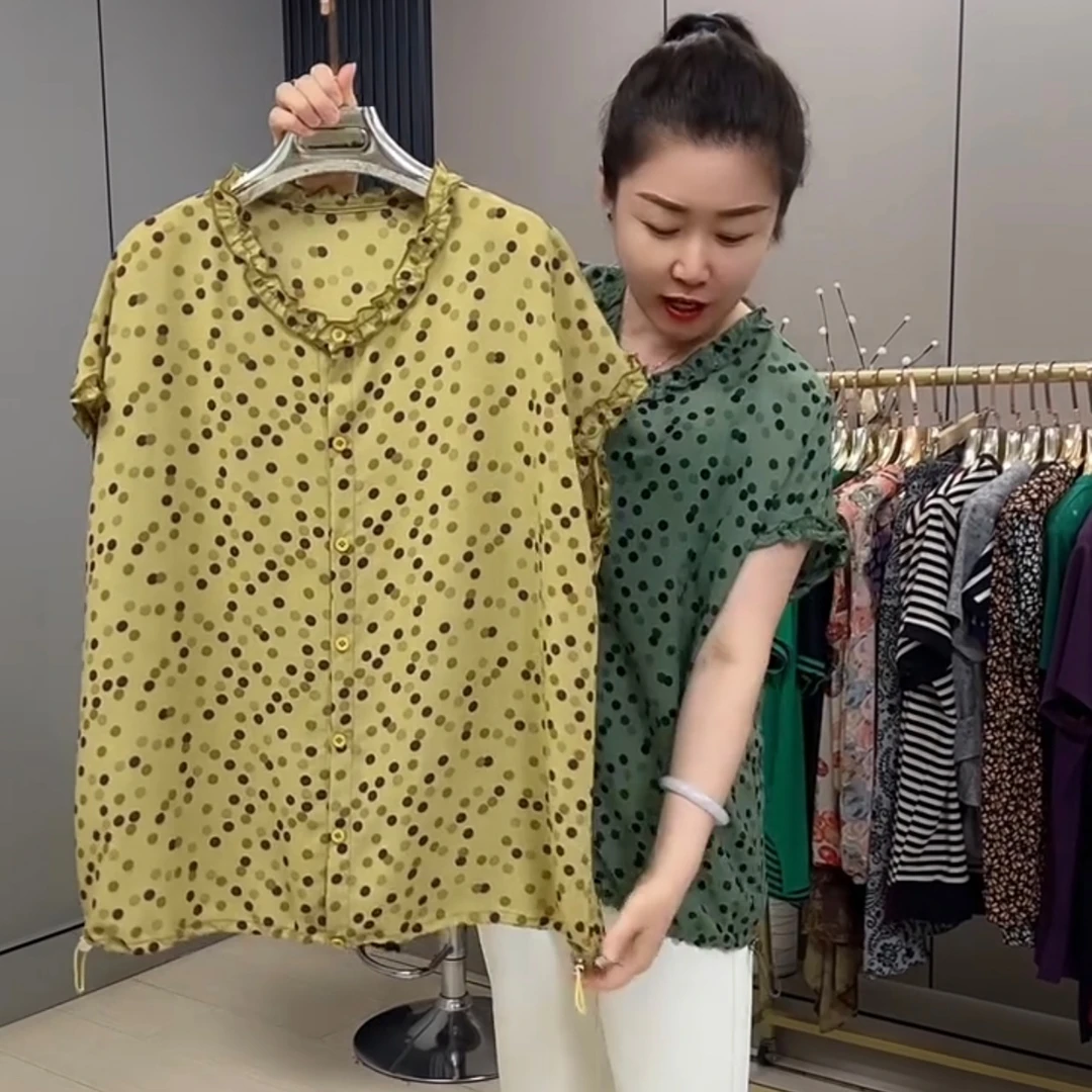 1903-新款大码圆领波点印染夏季女士短袖提花上衣