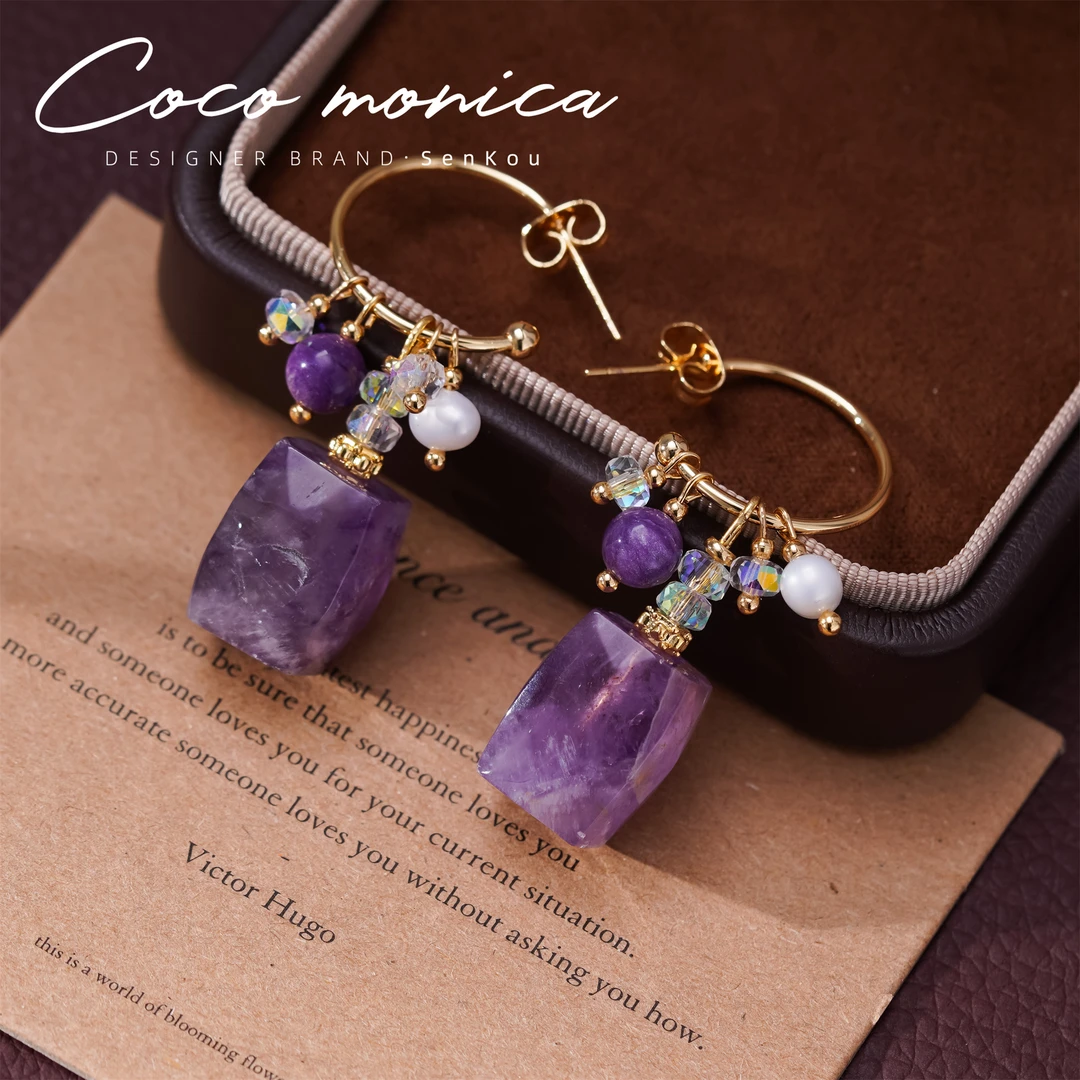 【小霞珠宝】紫水晶耳钉耳925银针珍珠耳环气质耳饰 AS532