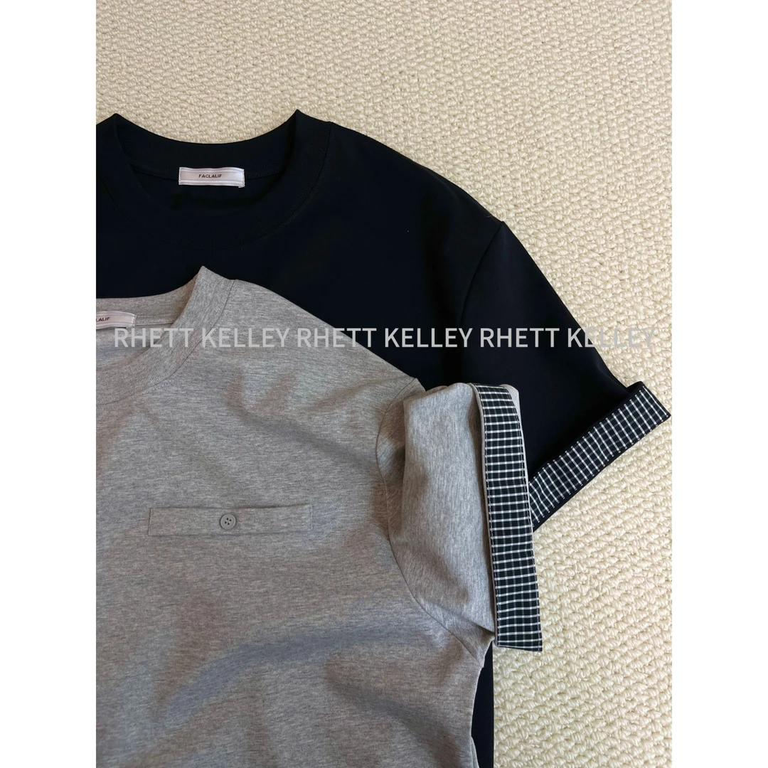 『夏加尔』设计感卷边宽松百搭显瘦撞色拼接T恤简约质感圆领短袖