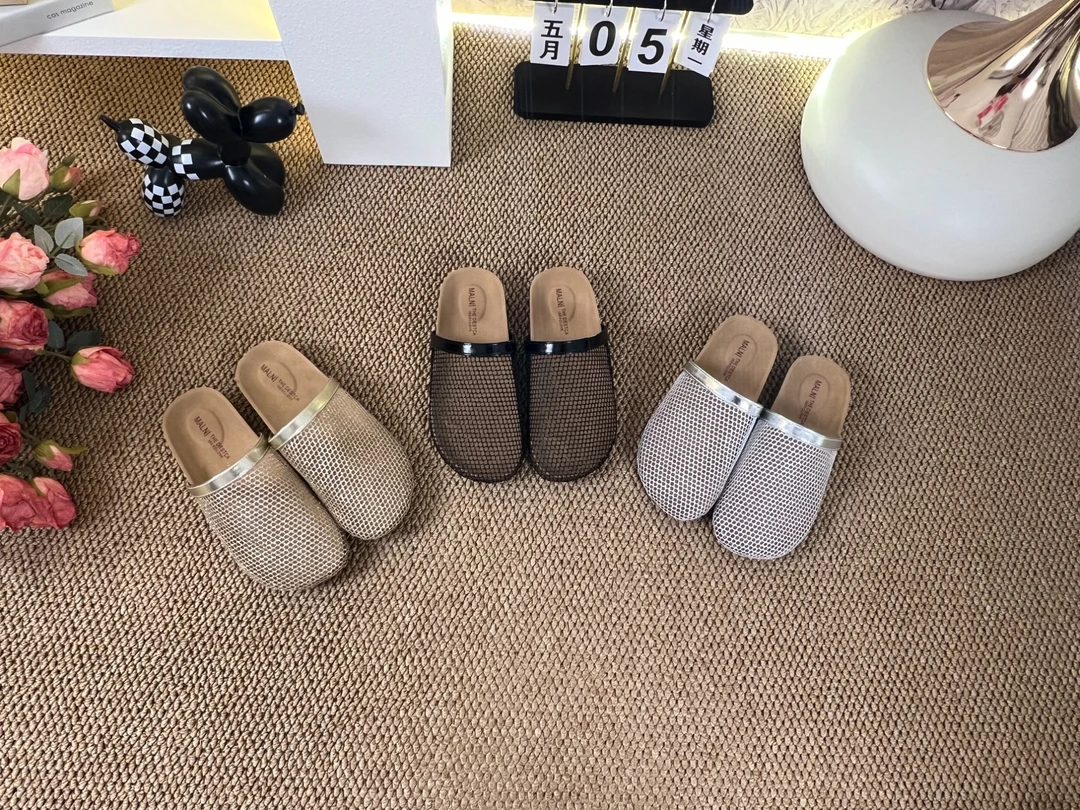 Q.MI2025夏季新款网面水钻包头拖鞋女外穿一脚蹬平底舒适透气凉拖