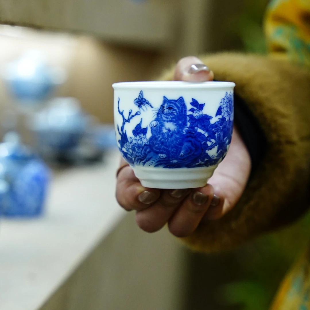 画堂春  青花【好运来】猫猫杯  创意饮茶品茗茶具中式茶道喝茶银