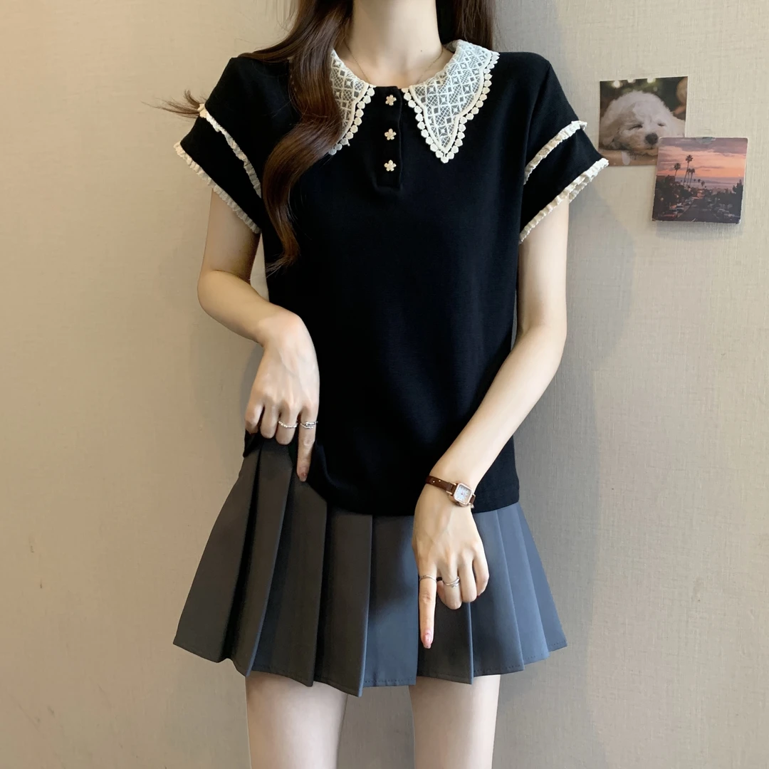 法式小香风黑色短袖T恤女夏季新款大码胖mm蕾丝拼接减龄气质上衣