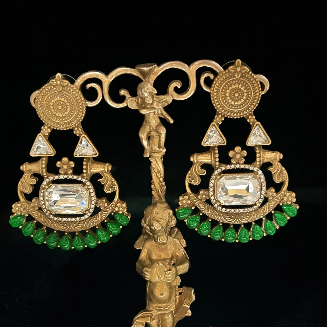 铜合金耳饰 4315西洋中古风 vintage复古做旧绿色耳环