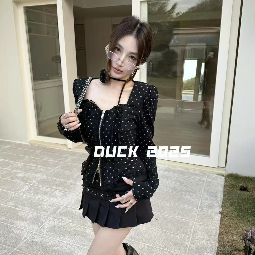 雯雯家 2025春新款DUCK原创气质显瘦泡泡袖波点拉链雪纺上衣女