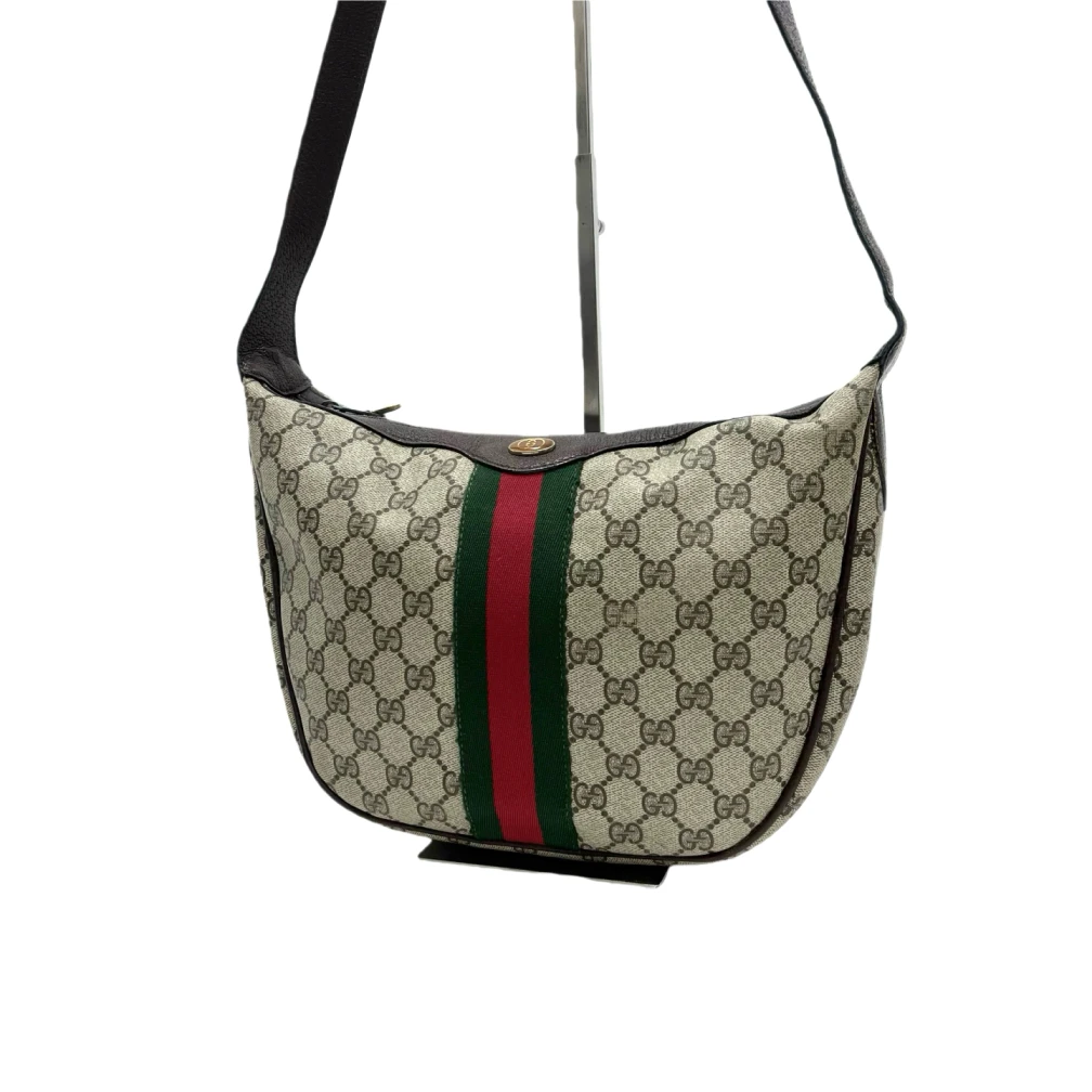 95新 GUCCI/古驰 二手红绿条纹老花半月单肩包W67264