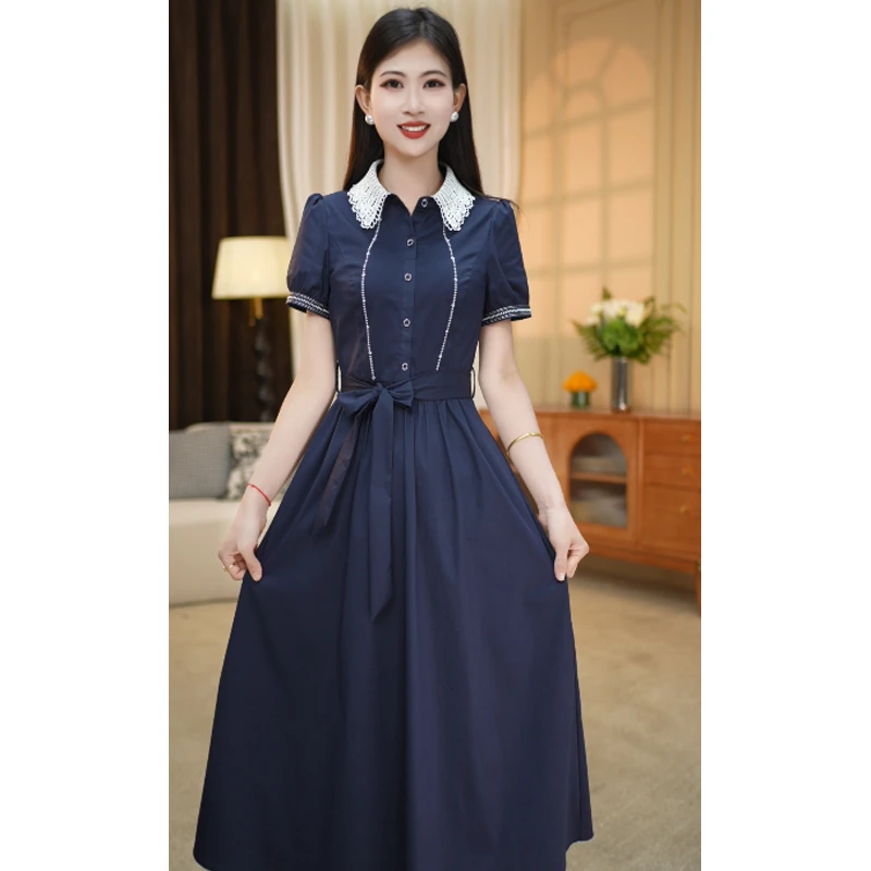 【连衣裙】夏季新款翻领纯色修身显瘦通勤中长款连衣裙M-4XL