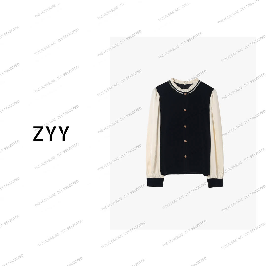 ZYY【绝代风华】2024S/S新品小香风精致钉珠丝绒衬衫女X24DC12104
