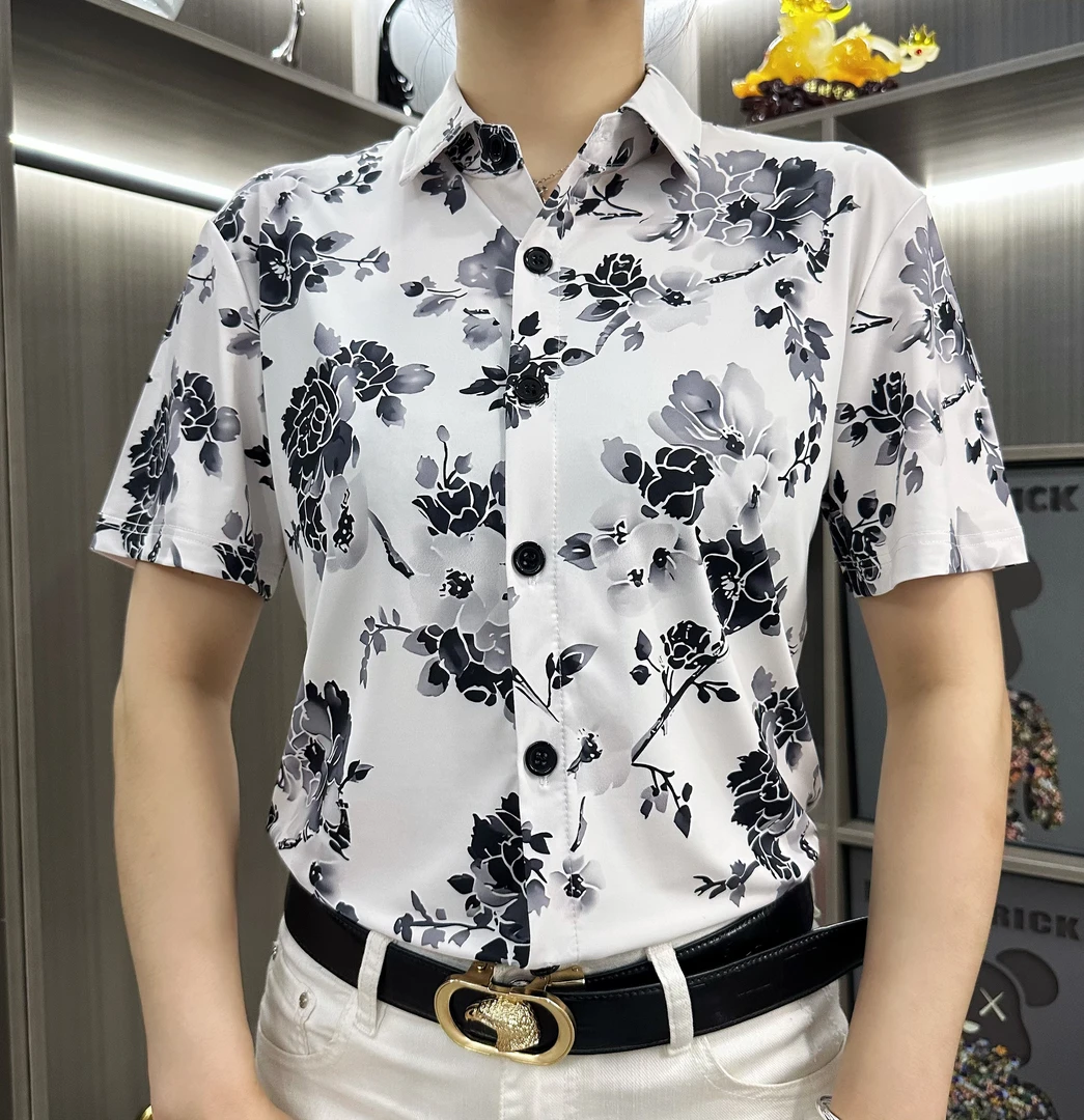 2025夏季水墨艺术男士短袖衬衣翻领时尚休闲帅气轻奢潮流商务