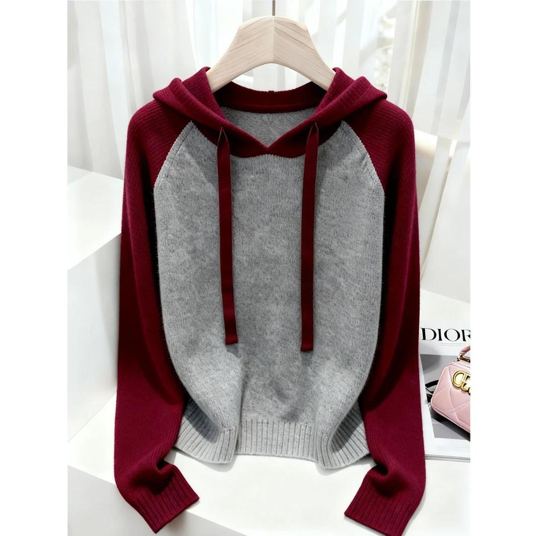 2025冬季新款设计感小众撞色连帽长袖毛衣显瘦韩版女装爆款针织衫