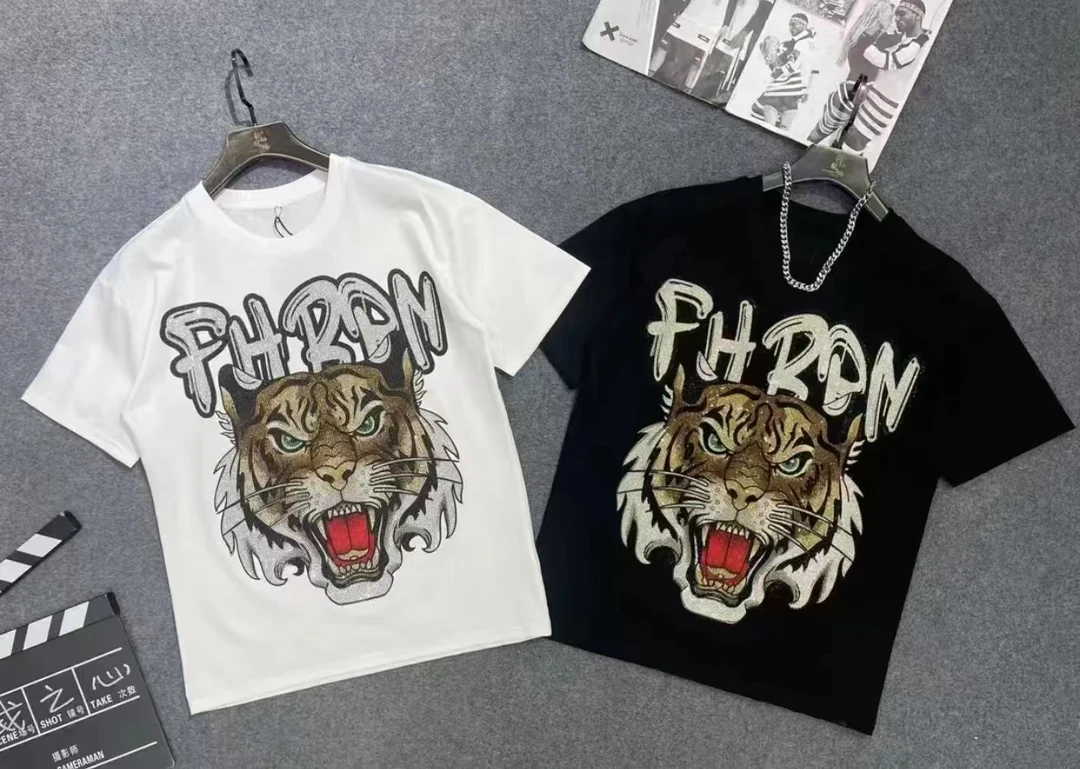 946重工彩钻老虎黑色百搭男士轻奢圆领潮流重工满钻短袖T恤