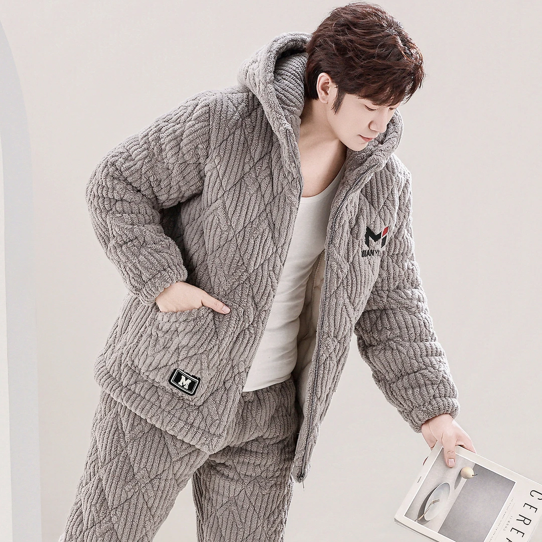 新款男士秋冬季三层夹棉睡衣珊瑚绒加绒加厚连帽款家居服冬天套装