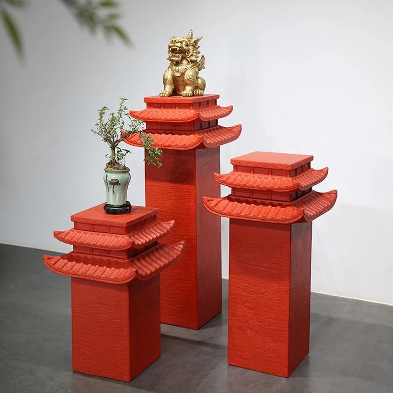 办公室落地新中式仿石头底座石柱墩花架玄关入户门客厅装饰品摆件