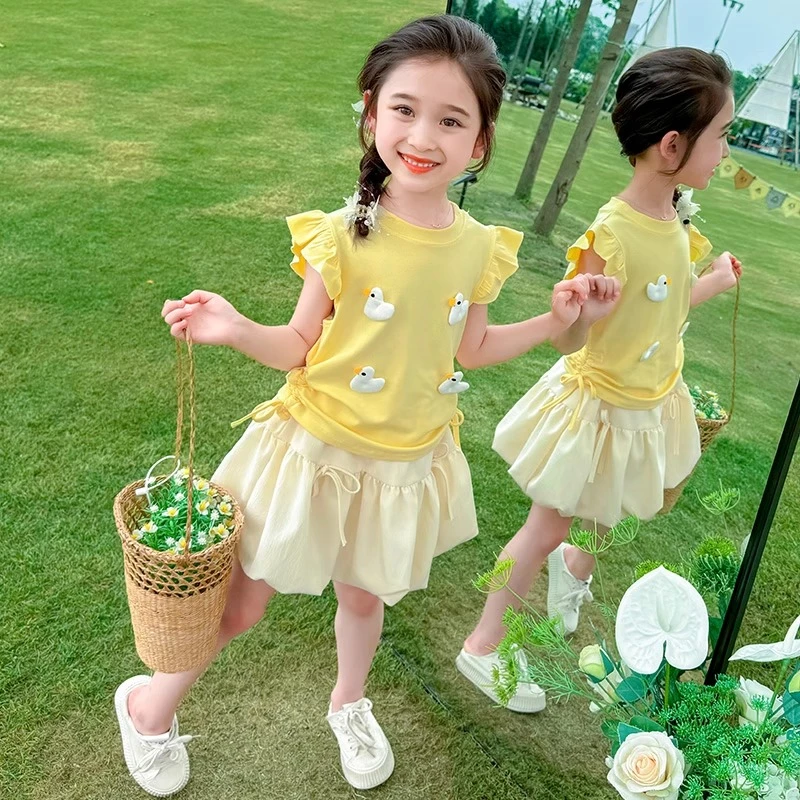 女童套装夏季2025新款洋气时髦女宝宝夏装儿童小飞袖花苞裙两件套