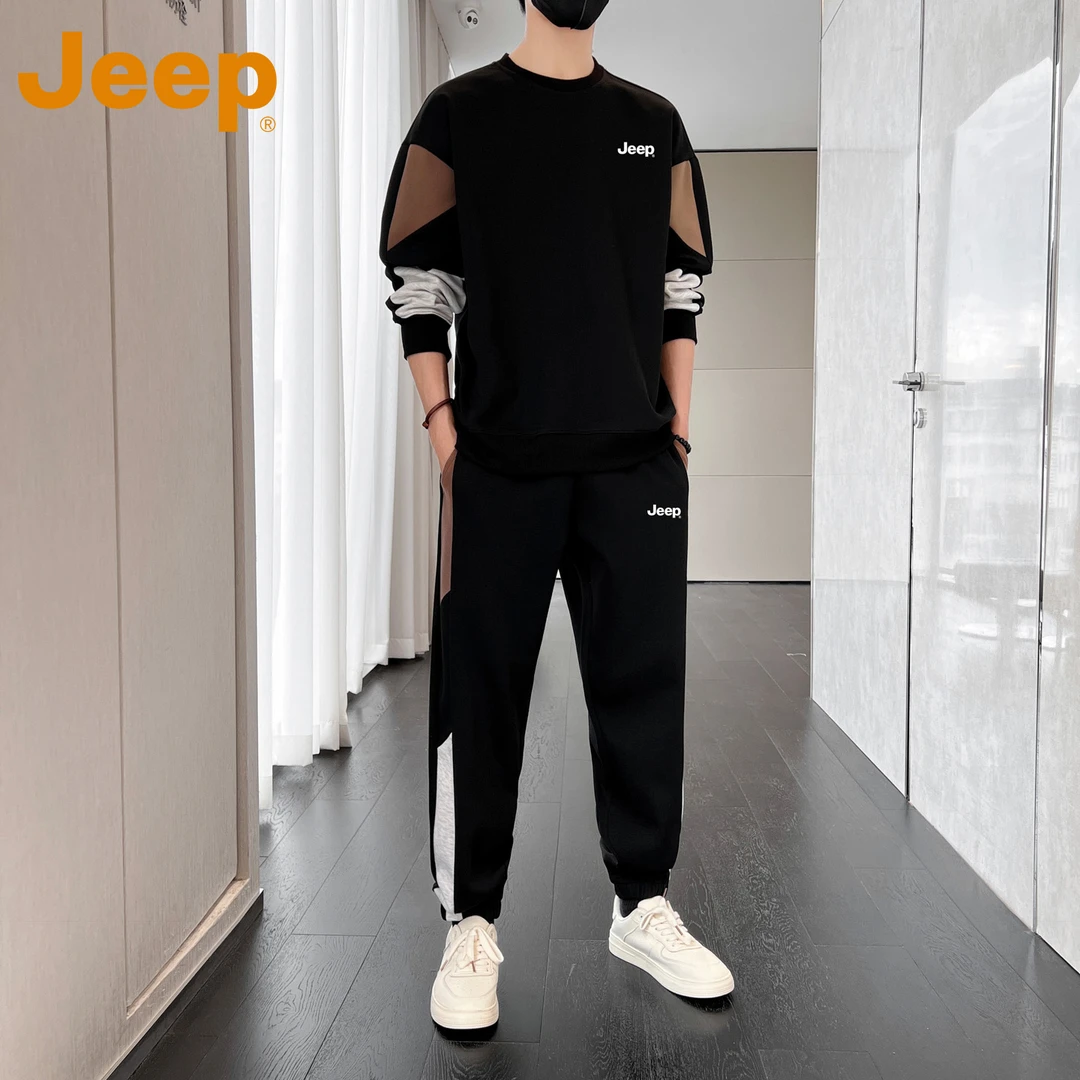 JEEP吉普美式休闲卫衣套装男款春秋季潮牌宽松帅气拼色运动两件套