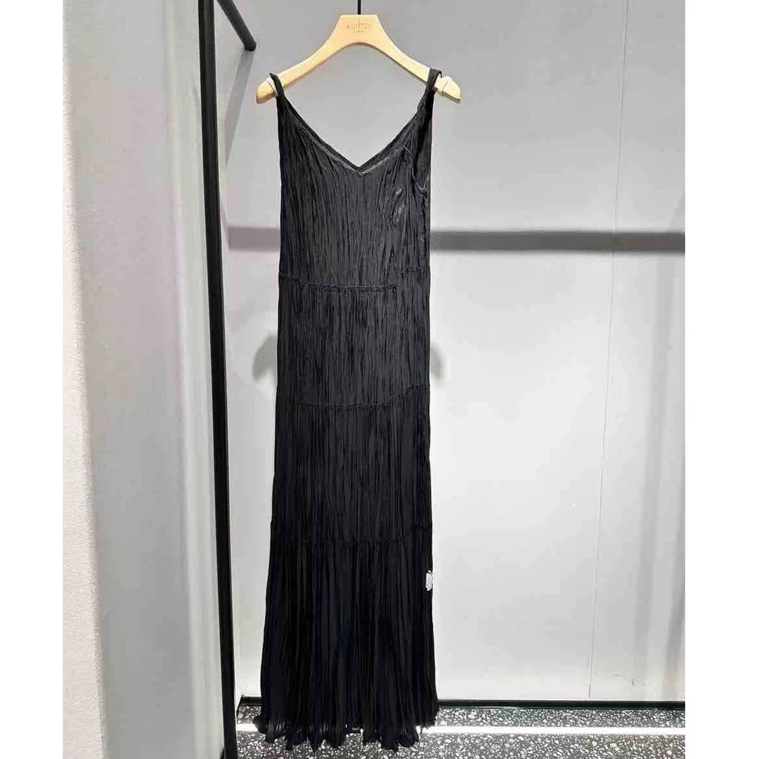 ANS艾诺商场同款桑蚕丝皱褶肌理感吊带连衣裙黑色长裙裙子小黑裙