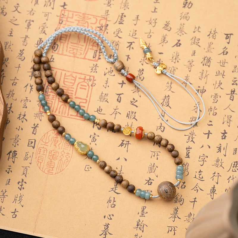 沉香莺歌绿奇楠沉香5mm+祥云错银翡翠项链脖多样性发其一