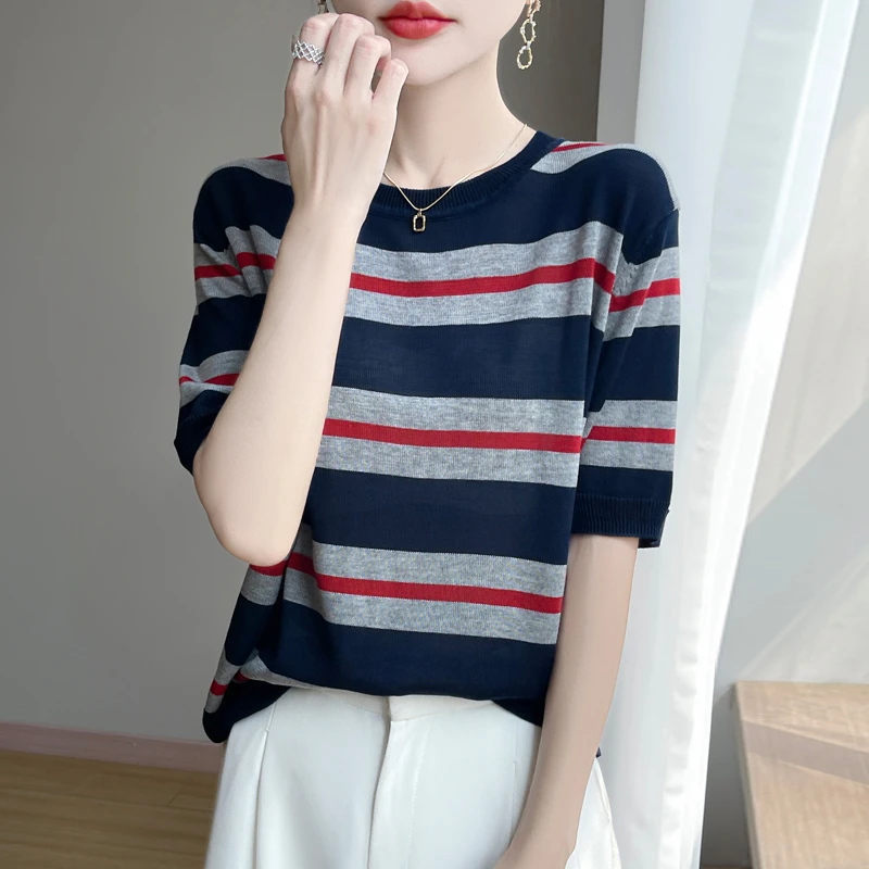 正品夏季新款休闲条纹间色短袖针织衫减龄百搭薄款上衣