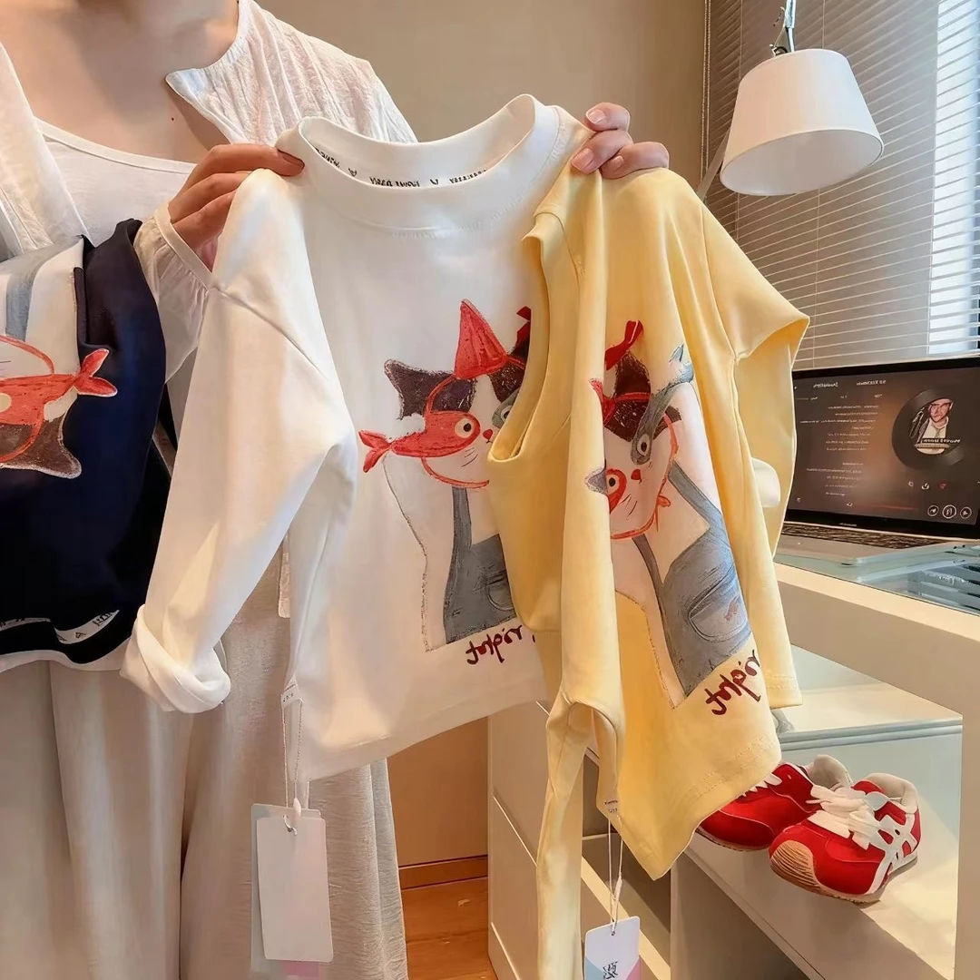 【鱼眼猫咪】亲子款2025秋季新款网红印花百搭打底