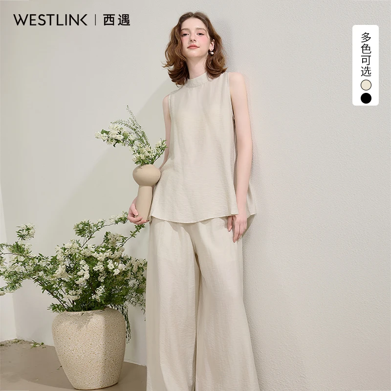 0461西遇无袖挂脖衬衫套装女2025年新款宽松垂感阔腿裙裤两件套