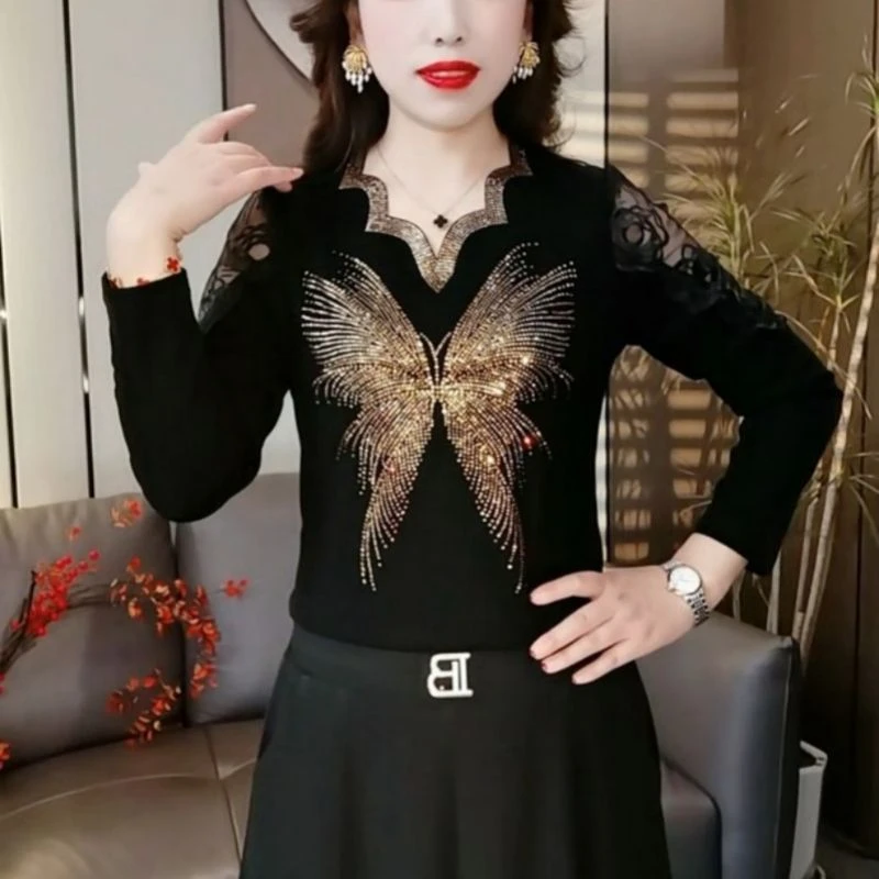 秋季新款时尚V领烫钻镂空漏肩洋气百搭大码气质显瘦女士上衣小衫