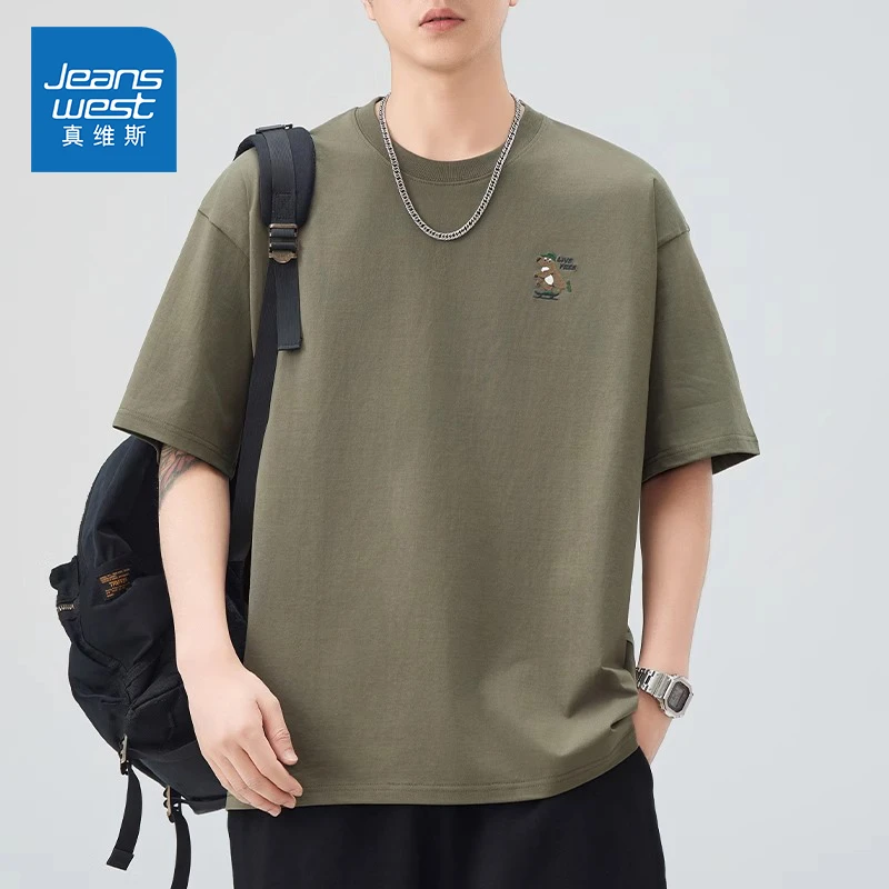 Jeanswest/真维斯纯棉百搭圆领短袖T恤男士夏季宽松休闲潮牌半袖