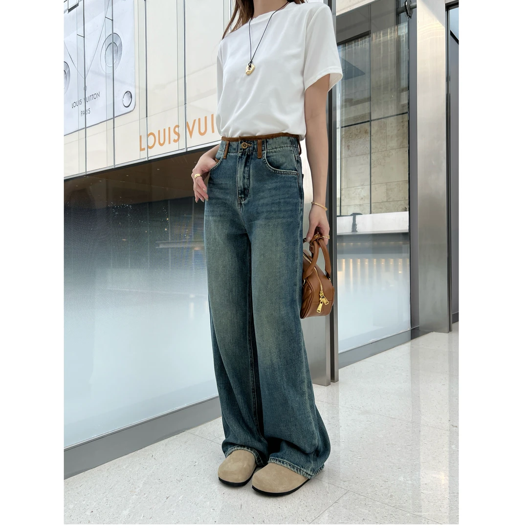 KIKI严选：30786-YER家欧洲站南油秋冬新款裤腰拼皮复古牛仔裤