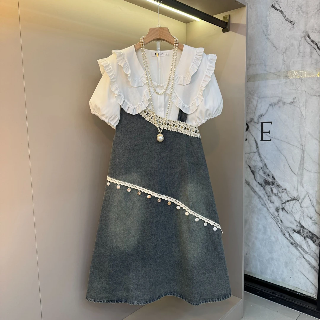 新款2025欧韩版娃娃领衬衫+拼接牛仔背带裙显瘦俩件套套装8581