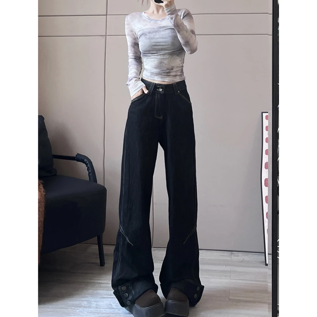 深蓝色翻边设计复古高腰直筒阔腿牛仔裤女高个子显瘦拖地裤-7031