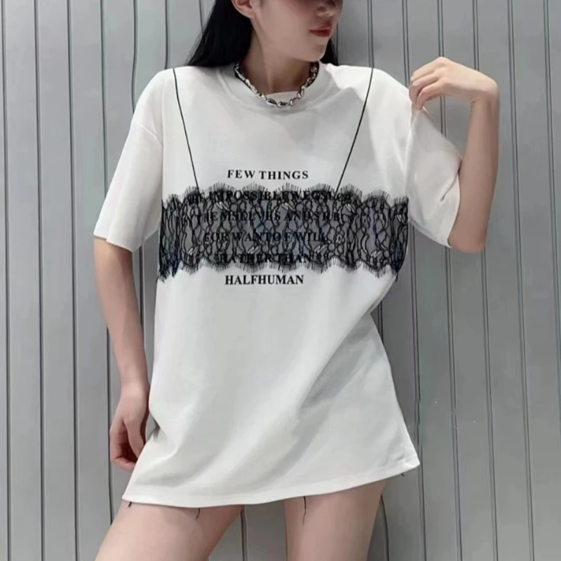 2025白色新款宽松T恤女短袖夏季蕾丝别致圆领小衫上衣设计感