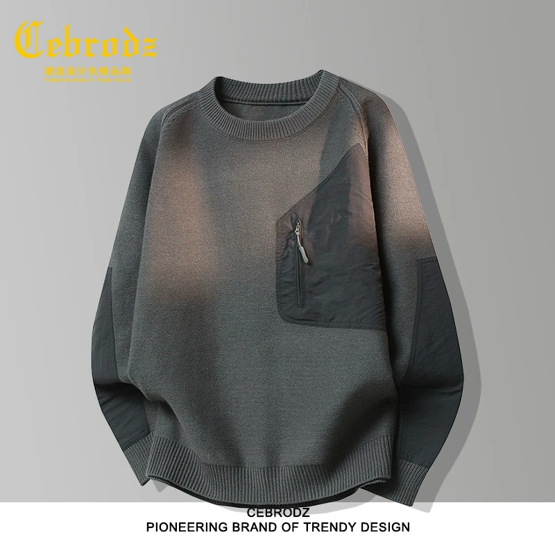 法国Cebrodz冬季新款拼接圆领毛衣男潮流针织打底衫时尚休闲加厚