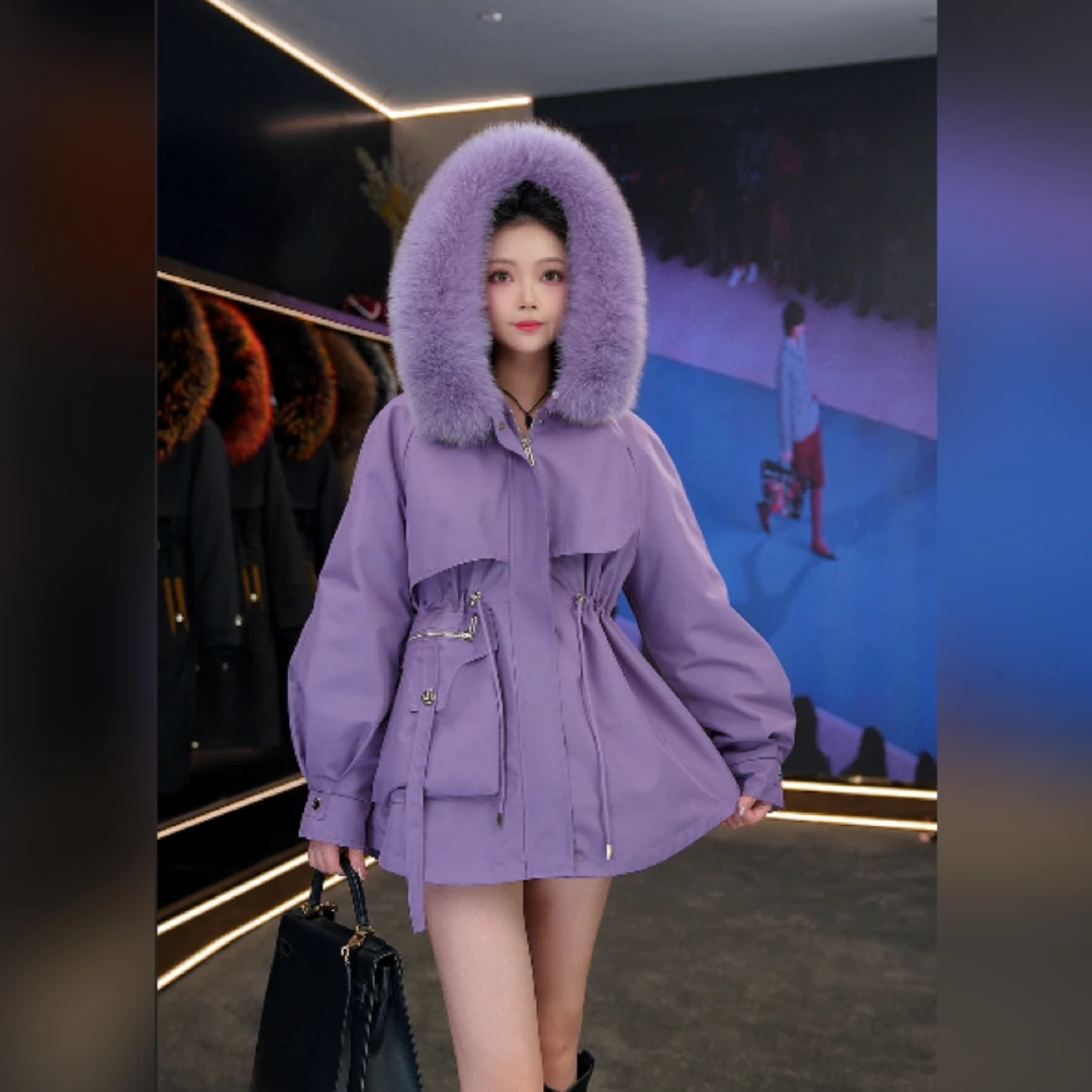 【万人迷】海宁皮草新款女狐狸毛领兔毛内胆可拆卸派克服T2366