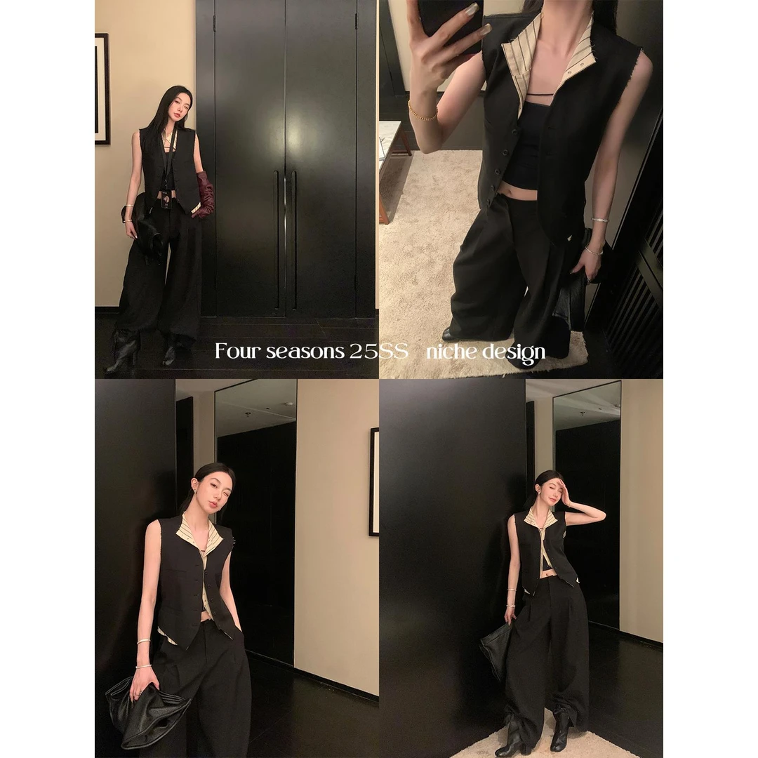 区区欧阳 假两件条纹拼接马甲女春季设计感小众复古黑色毛边马甲