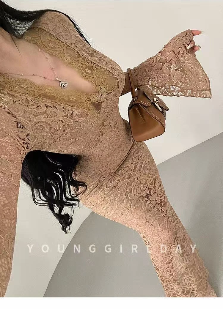【性感尤物】高级感弹力蕾丝女辣妹法式气质修身收腰喇叭袖连衣裙