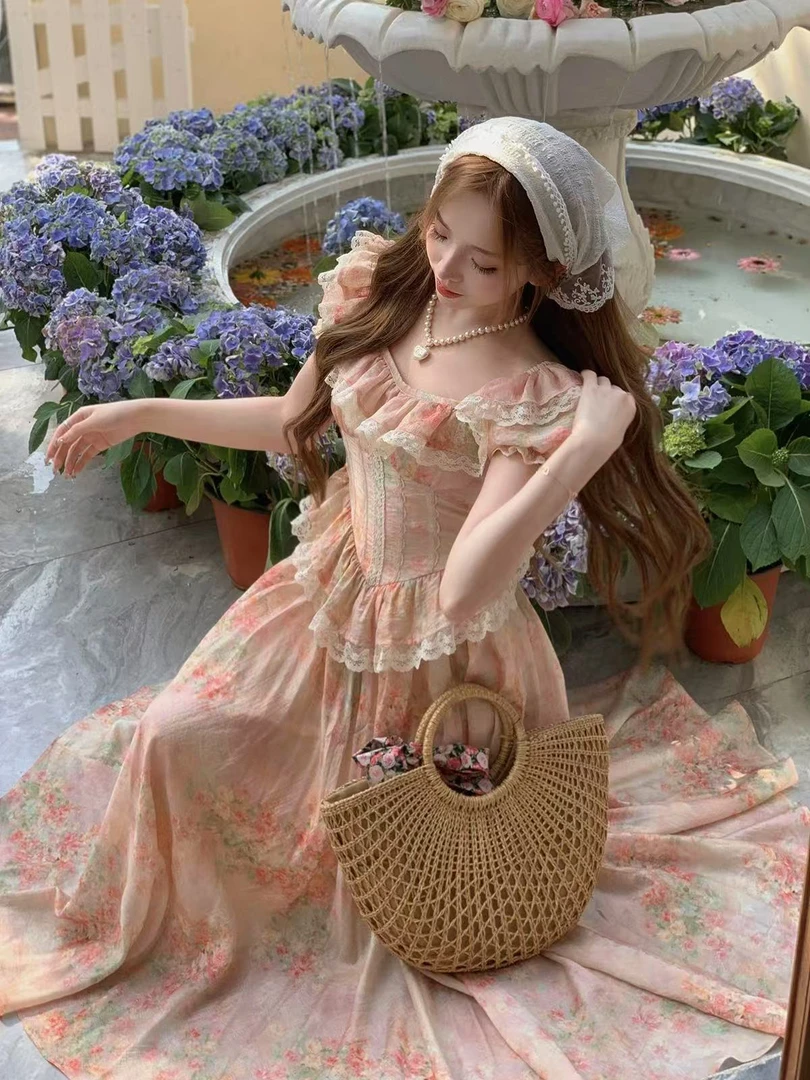 茶歇法式初恋粉色碎花连衣裙超仙森系古着连衣裙夏季