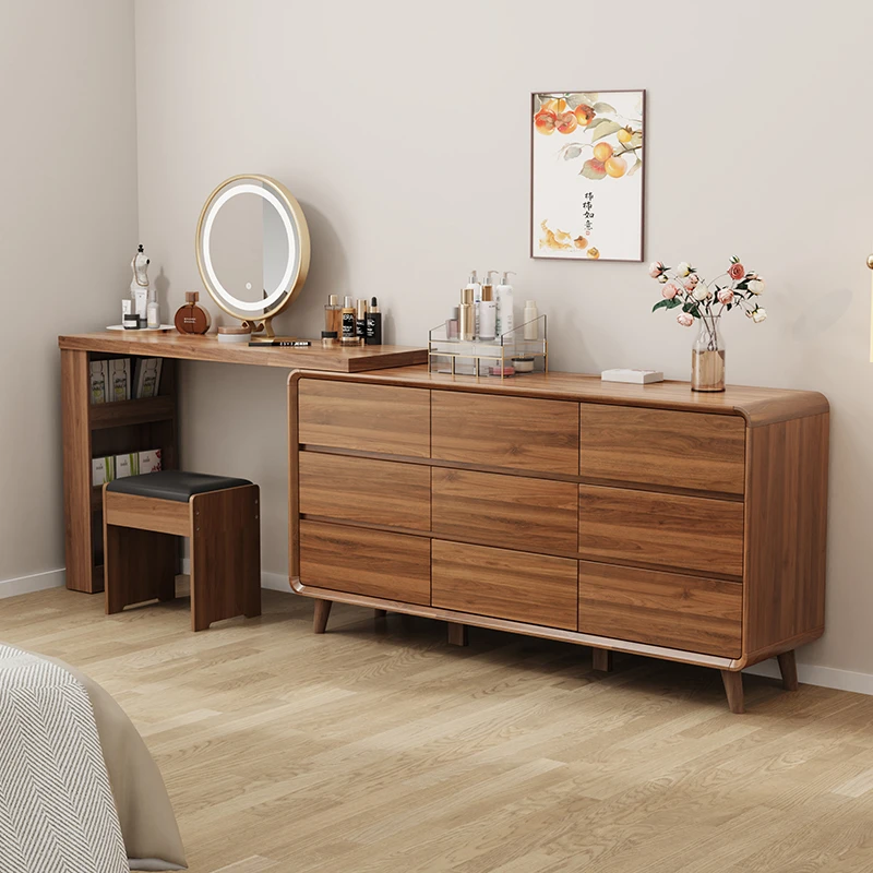 实木梳妆台卧室小户型斗柜一体式胡桃木色带收纳储物简约化妆桌子