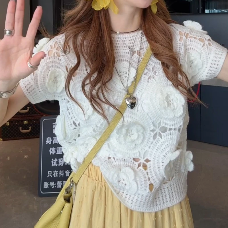 立体钩花镂空短袖女设计感打底独特漂亮小衫短款上衣LK2502735