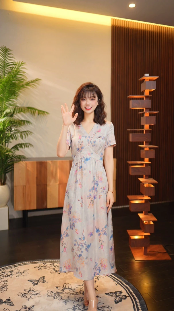 【粉黛佳人】G814夏季新款短袖长款法式印花连衣裙耶耶“”禁机洗