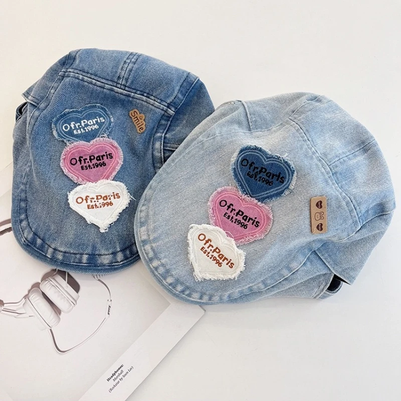 辣妹爱心贴布水洗牛仔前进帽女春夏新款复古做旧画家报童帽子潮