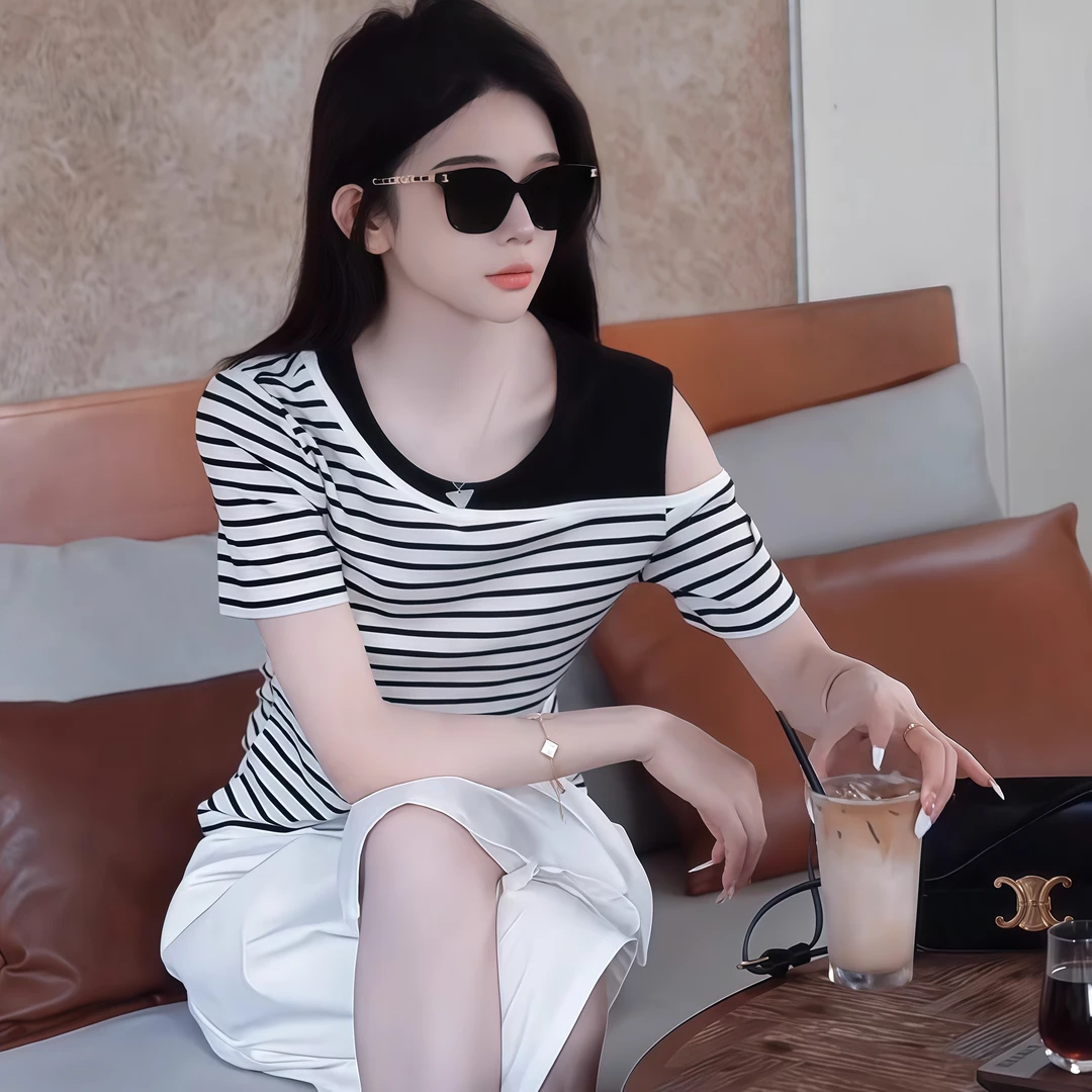 夏新款韩版减龄露肩拼接假两件针织短袖T恤撞色条纹修身显瘦上衣