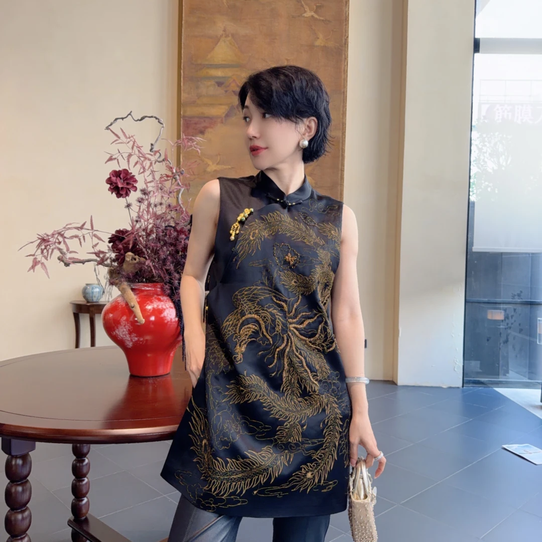 Betty Bairn【凤起牡丹】高端桑蚕丝羊毛刺绣长款马甲25B-BW5065