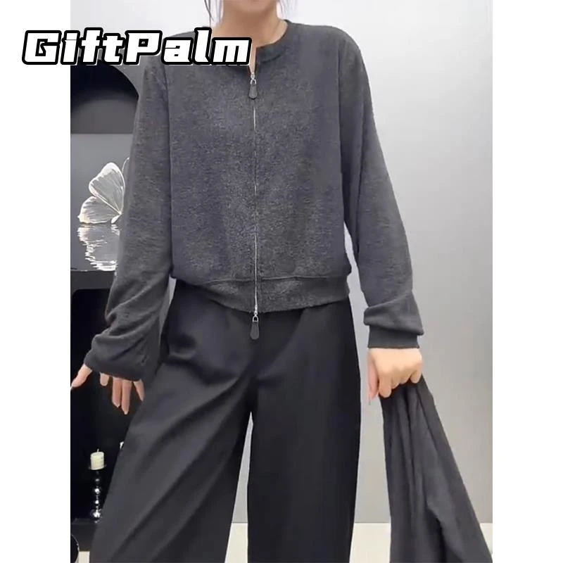 GiftPalm大码女装设计感双拉炼长袖开衫外套秋季胖mm显瘦宽松休闲