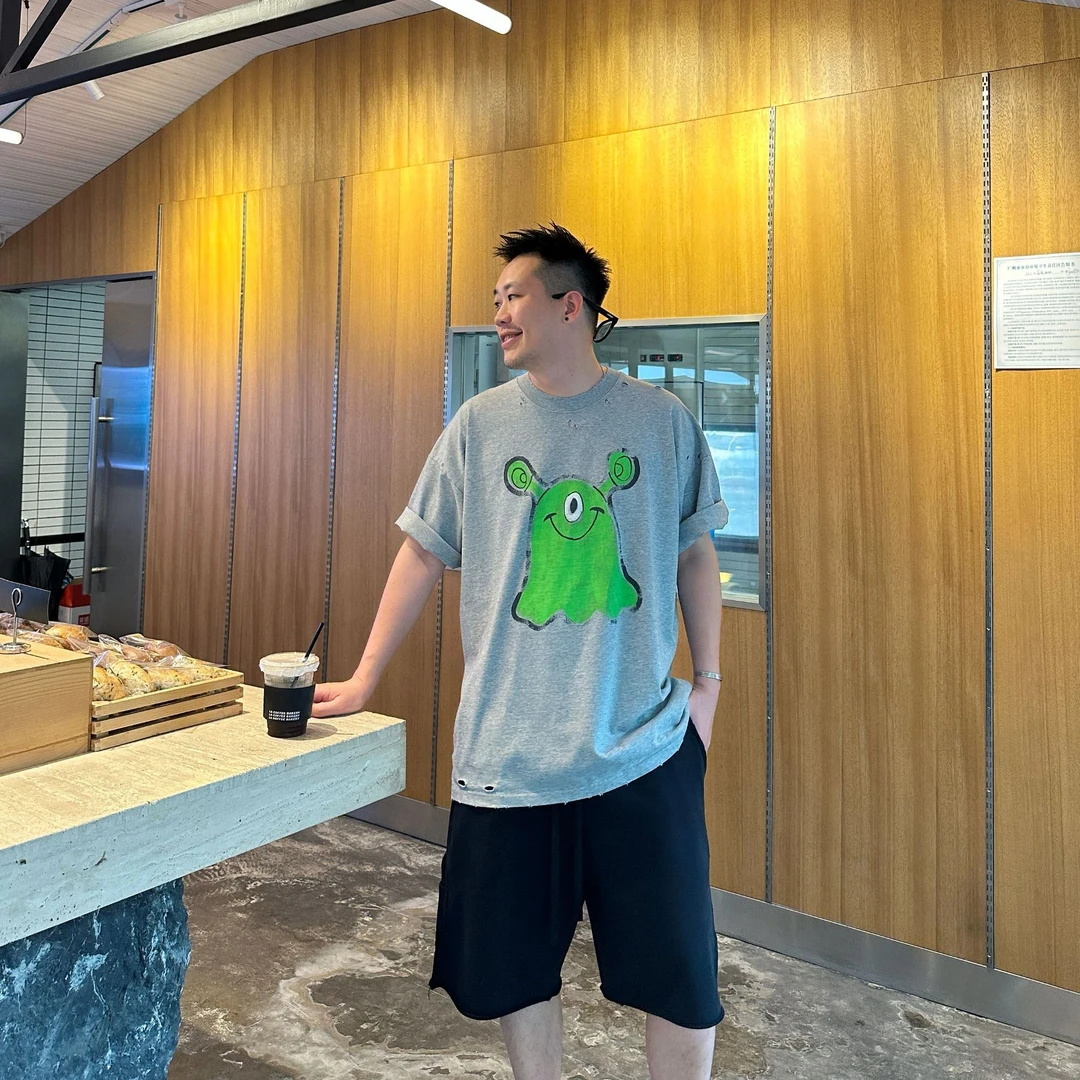 SQQZ PROJECT夏季310G洗水破洞卡通短袖T恤情侣鸡米花工作室