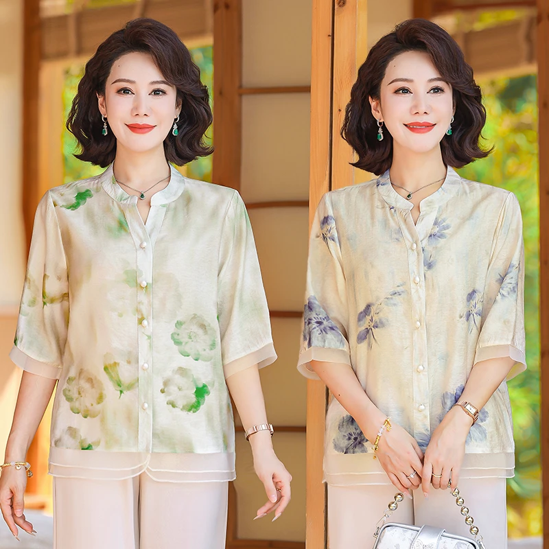 中国风五分袖T恤女装夏季薄款2025新中式妈妈装宽松百搭休闲小衫
