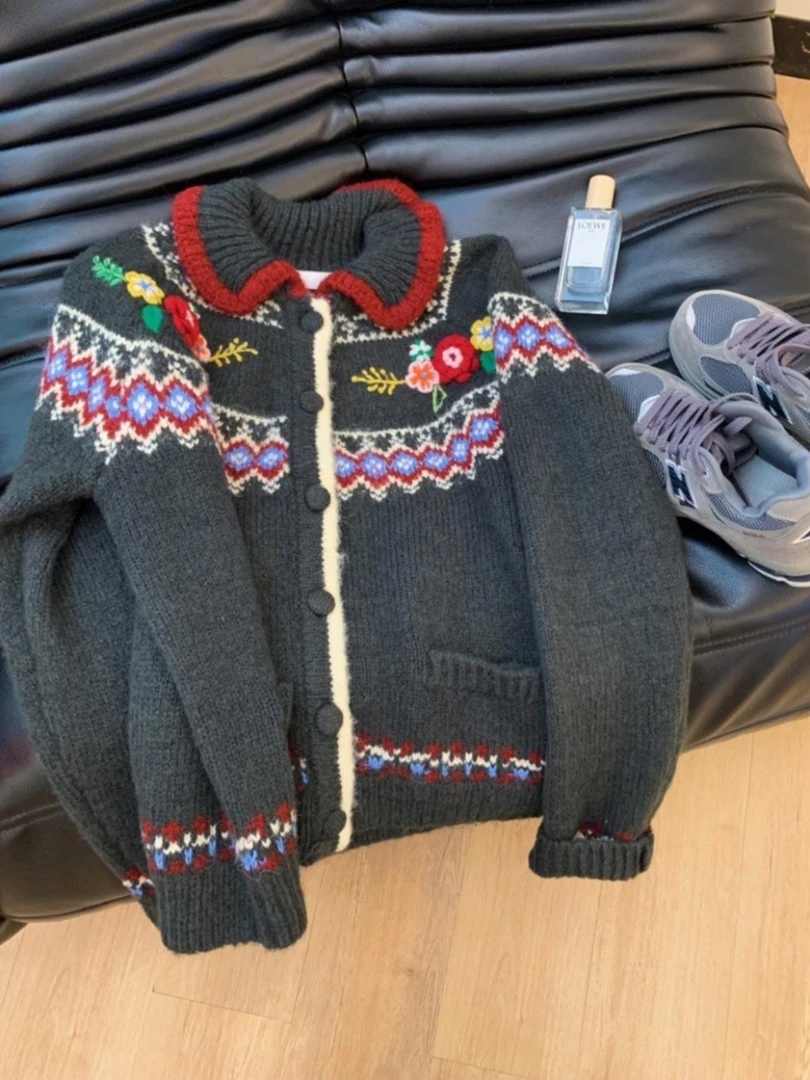 【森系花屿】赫本风复古复古色系拉链针织开衫费尔岛毛衣外套