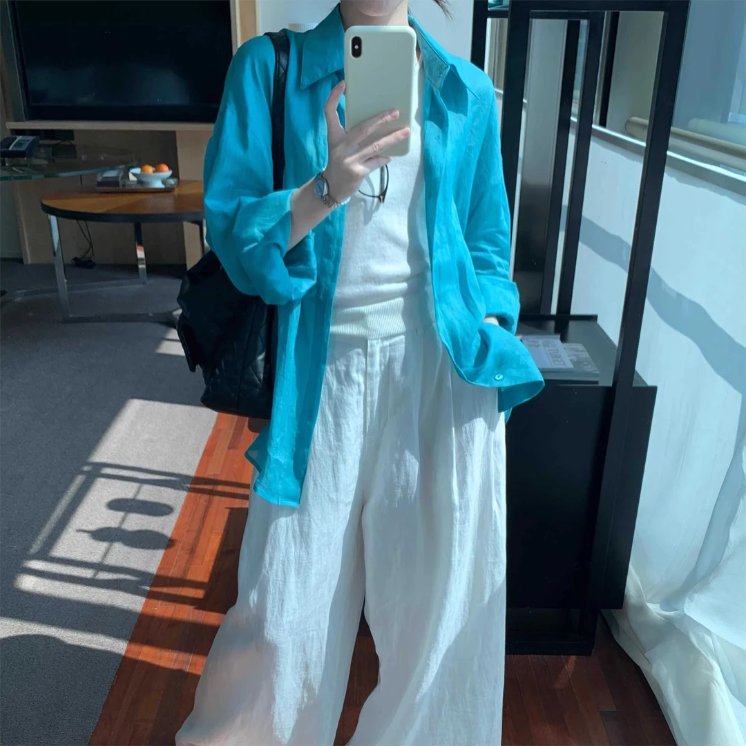 韩系简约薄款衬衫女夏宽松显瘦百搭简约休闲时尚亚麻蓝色衬衣