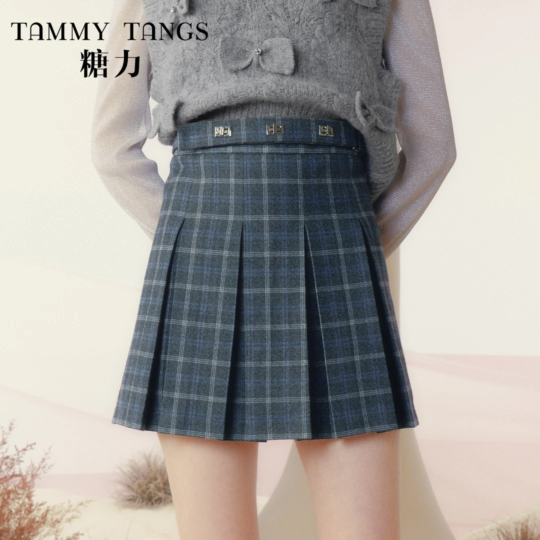 糖力秋冬季高腰显瘦复古格纹学院风百褶半身裙短裙女