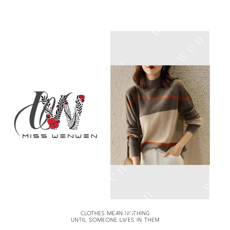 5232法式拼色半高领时尚气质女长袖秋冬新款毛针织衫百搭毛衣